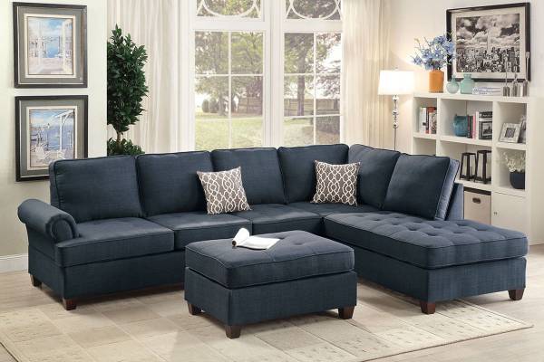 Poundex Associates Corporation, Linzi Black Fabric Reversible Sectional Sofa With Ottoman By Poundex